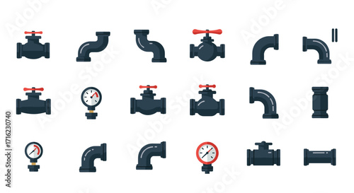 Industrial pipe icons set featuring valves and gauges in flat design