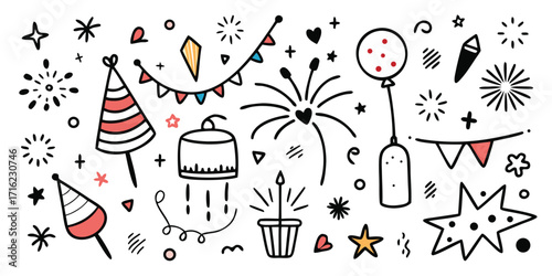 Collection of festive hand-drawn birthday party icons and symbols celebrating joyful moments