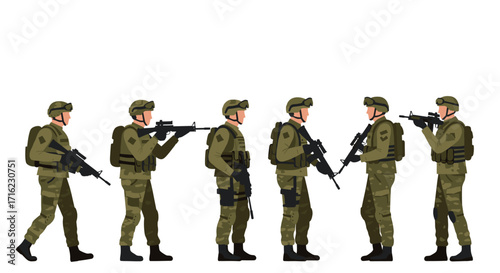 Military soldiers in camouflage uniforms holding rifles in various standing poses
