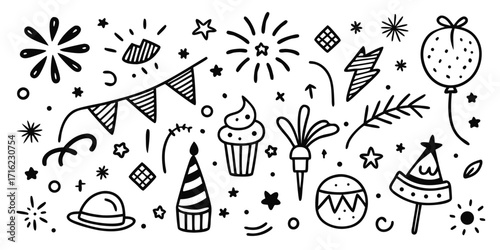 Whimsical hand drawn celebration elements collection party birthday festive fun