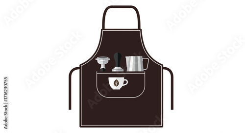 Barista apron showcasing essential coffee making tools and a leaf logo cup