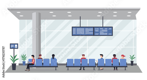 Modern airport waiting area with seating and digital flight information display