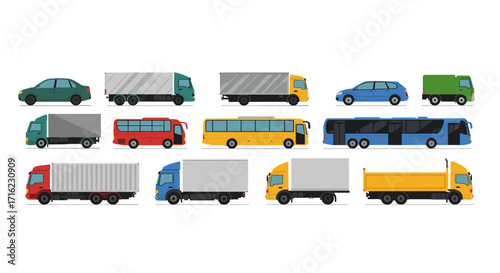 Diverse collection of flat style vehicles including trucks, buses, and cars for transportation design