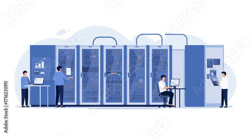 Modern data center scene with professionals working on servers in a high-tech environment