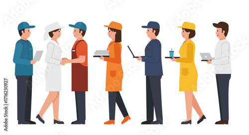 Diverse professions: people interacting and working in flat design