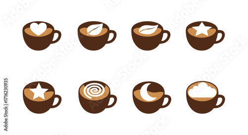 Charming coffee cups with creative latte art designs including hearts leaves stars swirls moon and clouds