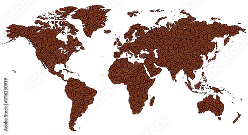 Rich world map crafted entirely from roasted coffee beans, symbolizing global aroma and flavor