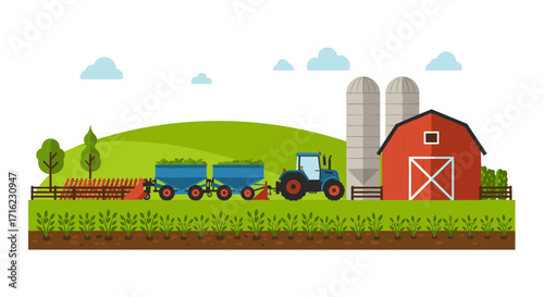 Modern flat farm landscape with barn, tractor, and crops