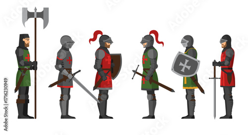 Medieval knights in armor with shields and swords in flat design style