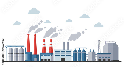 Industrial plant with pollution emissions and modern architecture in flat design