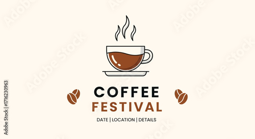 Vibrant coffee festival announcement with steaming cup and beans, perfect for event promotion