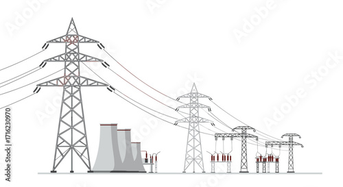 Industrial power plant with high voltage transmission towers