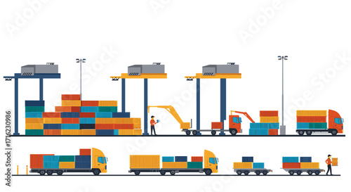 Flat design cargo logistics with cranes, containers, and trucks for seamless shipping operations
