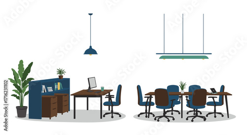 Modern office interior with furniture and lighting elements in flat design