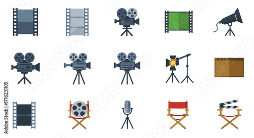 Movie production icons set featuring cameras, film reels, and director's chairs in flat design