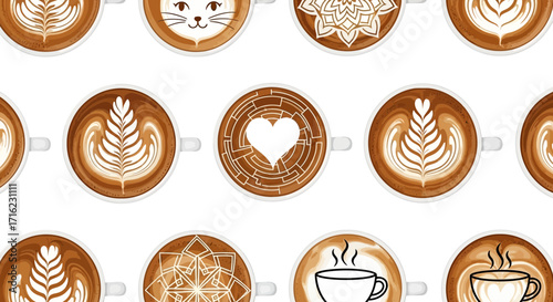Delightful coffee latte art patterns create a cozy and inviting cafe atmosphere for morning or afternoon breaks.
