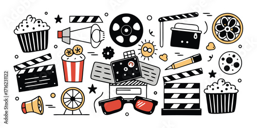 Movie night icons fun cinema celebration popcorn clapperboard reel and treats collection