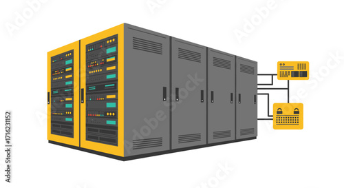 Data center server racks with network connection in flat style