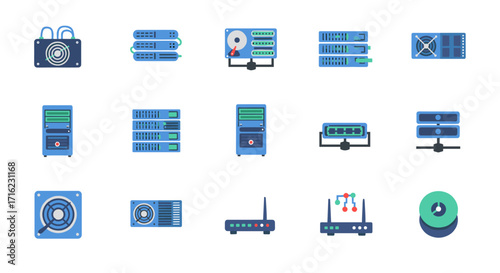 Flat style data center icons featuring servers, routers, and networking equipment