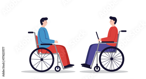 Two men in wheelchairs facing each other in minimalist style