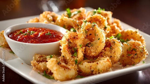Delicious fried calamari rings served with a bowl of marinara sauce on a white plate, garnished with parsley