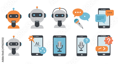 Flat design ai robot chatbot icons with smartphones and speech bubbles