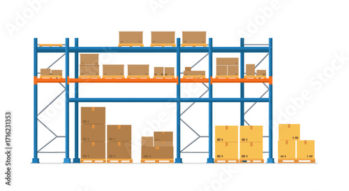 Warehouse shelving system with cardboard boxes on metal racks in a modern storage facility