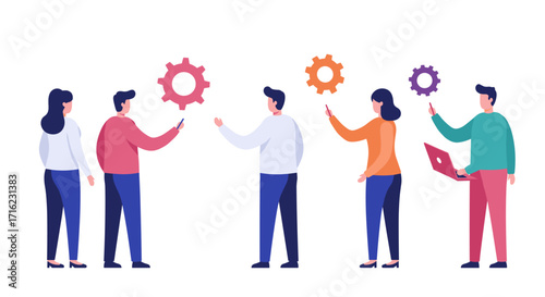 Team collaboration concept with gears and laptops in modern flat design