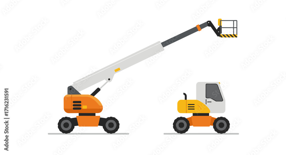 Fototapeta premium Flat design cherry picker and boom lift equipment for construction sites