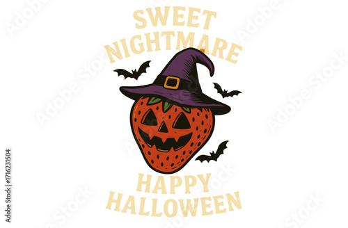 Cute Halloween Strawberry Jack O Lanterns. Retro Trick or Treat Spooky Fruit Character Illustration.