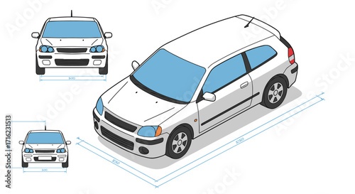 Isometric car design with dimensions and technical blueprint