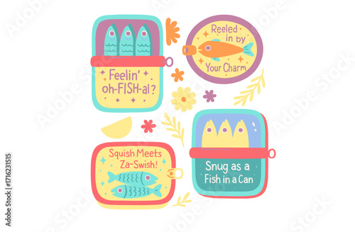 Cute Funny Food Puns Sticker Set. Kawaii Fish Sardines and Happy Dogs in Tins Vector Illustration.