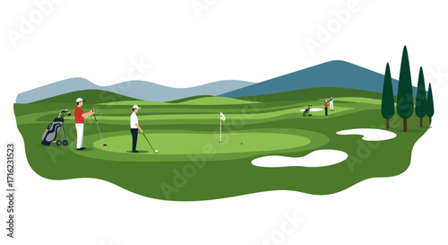 Golf course scene with players on a green landscape