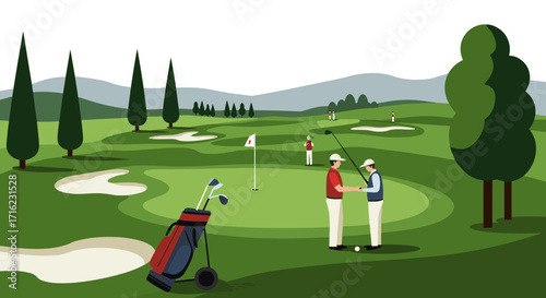 Golf course scene with players and caddies in a lush green landscape