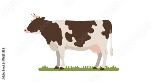 Flat design dairy cow on grass background with brown and white patches
