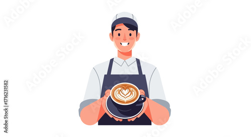 Cheerful barista proudly presents a perfectly crafted latte with intricate art, ready to delight customers.