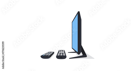 Modern flat tv with remote controls on white background