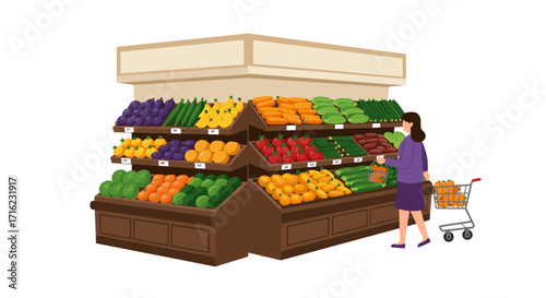 Woman shopping for fresh fruits and vegetables at a grocery store