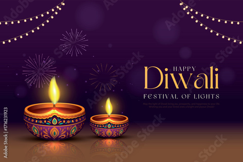 Happy Diwali - festival of lights colorful poster template design with decorative diya lamp. vector illustration. Indian festival of lights Happy Diwali, holiday Background, Diwali celebration.
