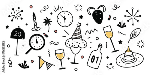 Whimsical hand-drawn celebration elements for parties and new year's eve