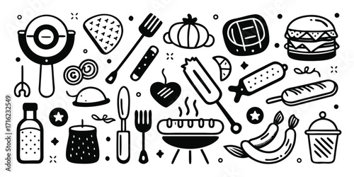 Hand drawn barbecue picnic food summer celebration party icons set picnic supplies