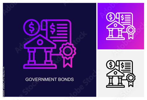 Government Bonds Icon.Style Is A Line Graphic Symbol In Black, Gradient, White Color Variants