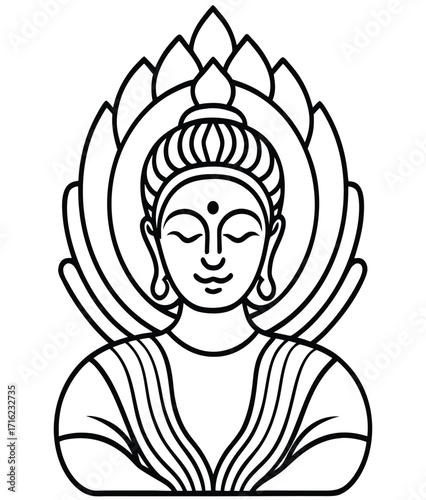 Buddha statue silhouette with artistic ancient elements and angelic woman face drawing