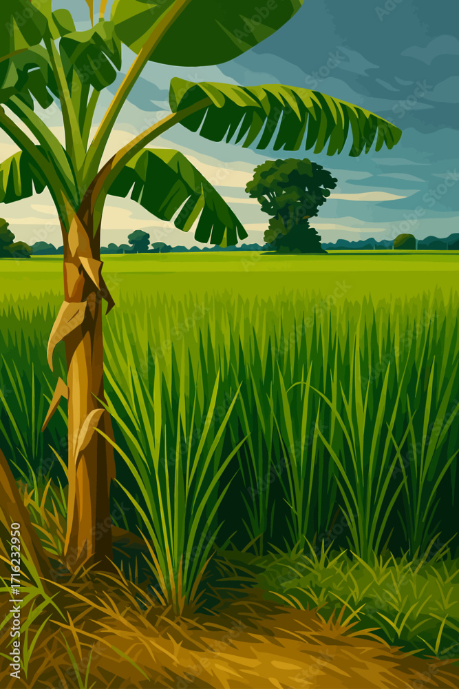 Obraz premium A digital illustration of a lush green rice field with a banana tree in the foreground. The vibrant green rice plants stretch across the landscape, with tall trees and distant hills under a cloudy sky