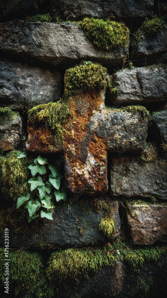 Fototapeta premium Moss-covered cross on weathered stone wall.