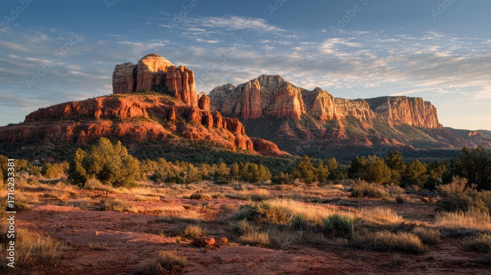 Fototapeta premium Majestic red rock formations under a sunrise sky. Desert landscape with trees and distant clouds