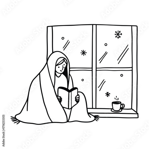 Cozy lifestyle illustration of a person wrapped in a blanket enjoying a warm beverage indoors
