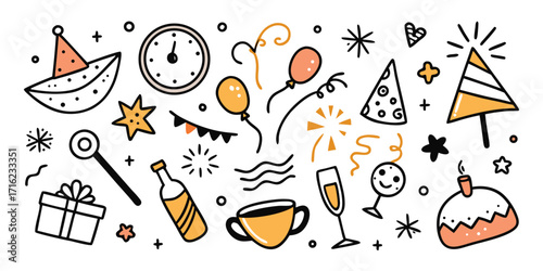 Hand drawn celebration icons including cake gifts balloons party hats and drinks festive doodle art