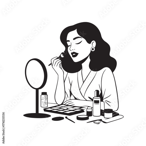 Black and white line art of a beautiful woman doing makeup at dressing table with mirror illustration