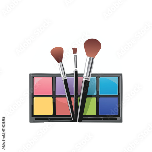 Illustration of a makeup palette with various colors and three makeup brushes standing in front of it.